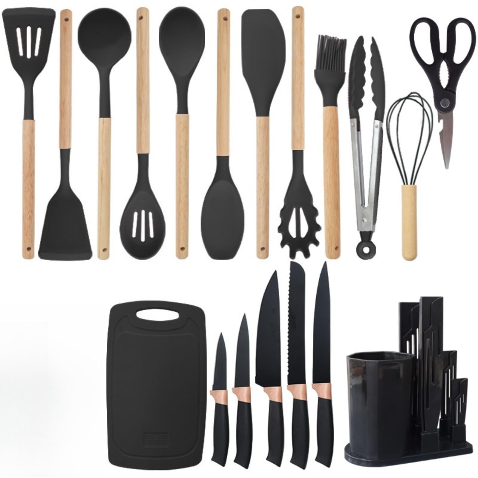 19 Stück Küchenmesser Set,Silikon-Küchenutensilien-Set mit Holzgriffen, Hitzebeständige,mit 12 Kochutensilien,5 Messern,Schneidebrett und Halter,Spülmaschinengeeignet (Schwarz)