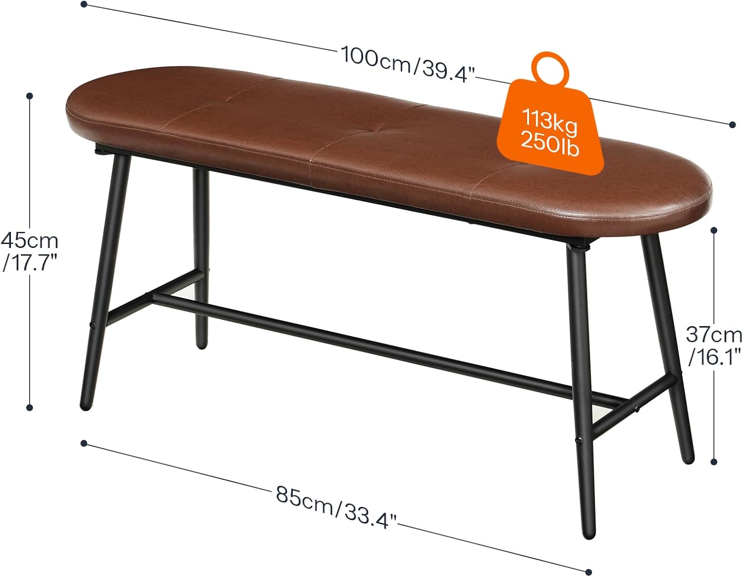 HOOBRO Dining Bench, Upholstered Kitchen Table Bench, Dining Room Bench with PU Leather Padded Seat, Steel Frame, Easy to Assemble, for Kitchen, Dining Room, Bedroom, Brown and Black CB100CD01G1
