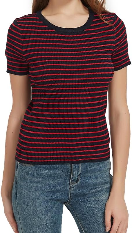 Women's Striped Knit Short Sleeve Top Elastic T-Shirt - Image 2