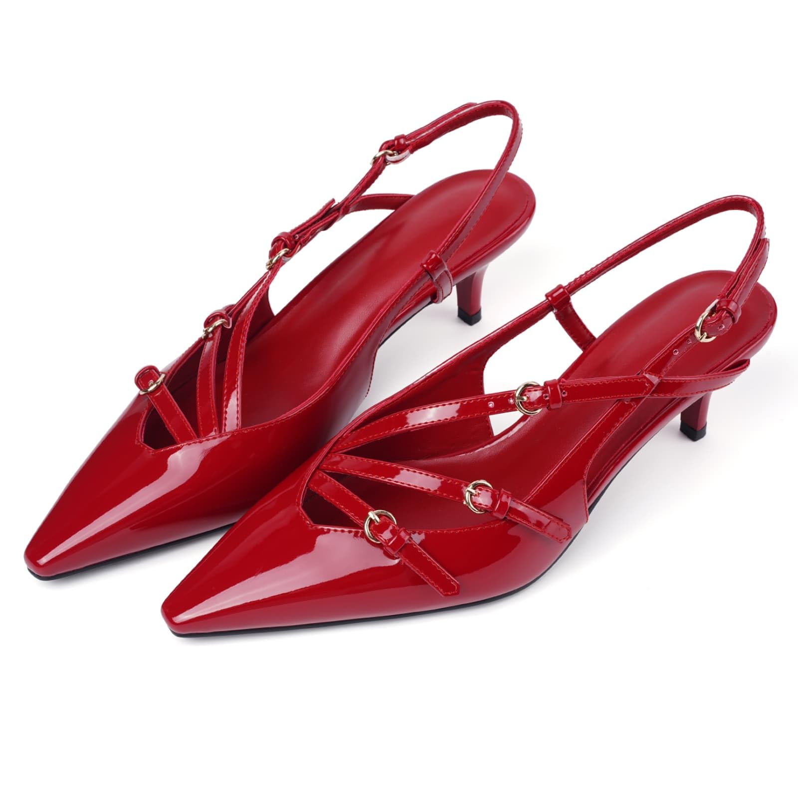 CORNMOOD Slingback Kitten Heels for Women Pointed Toe Stiletto Low Heels with Buckle Strap Heeled Pumps Sandals