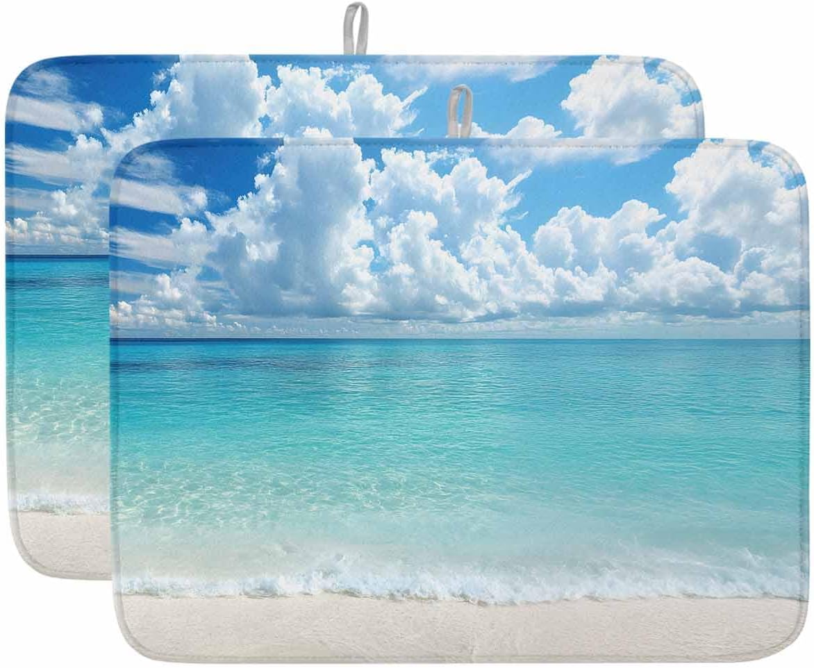 Dish Drying Mat for Kitchen, Summer Ocean Beach and Sky Scenery Absorbent Dish Drying Pad, Kitchen Counter Mat for Dishes Utensils Camping, 18"x24"(2 Pcs)