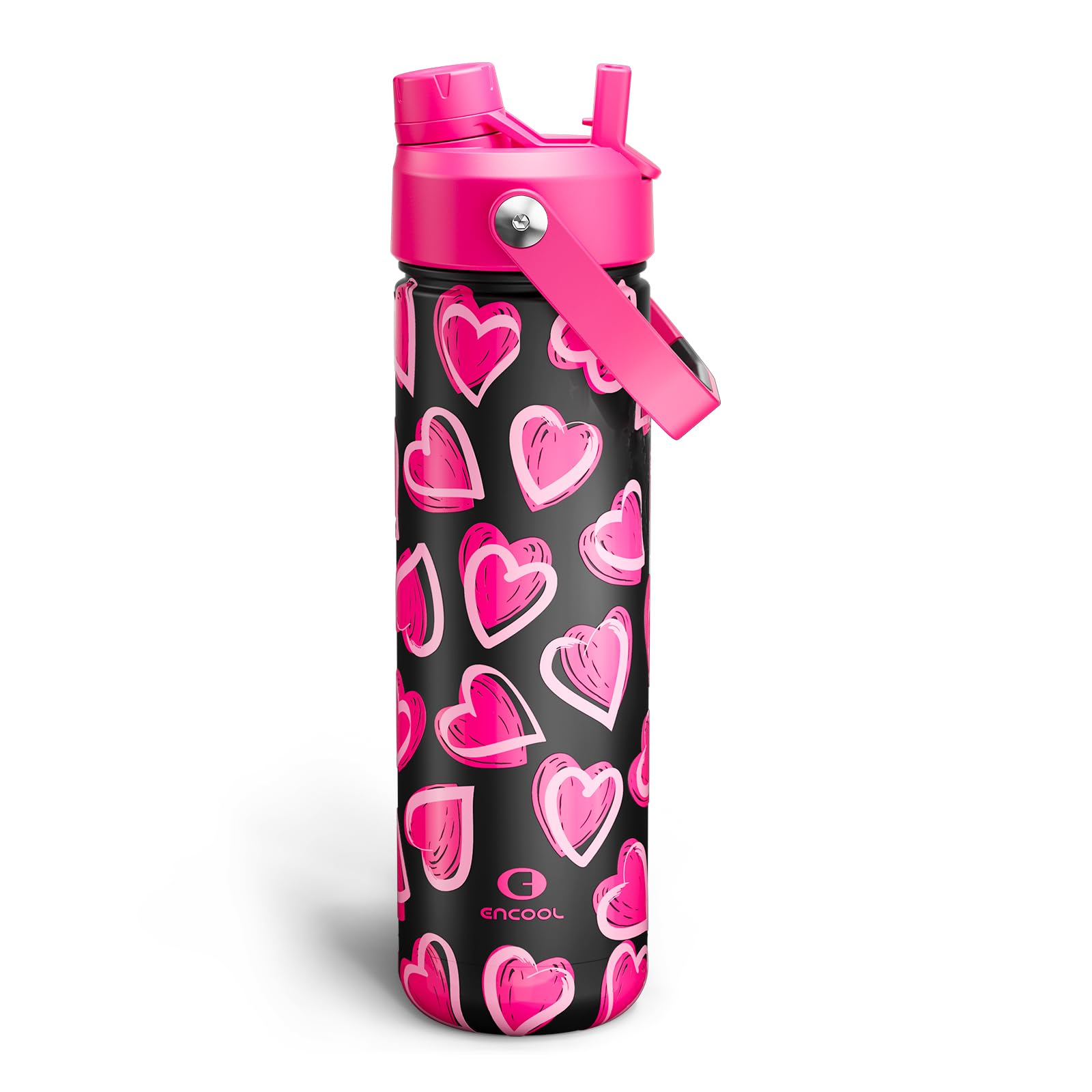 ENCOOL Insulated Water Bottle with Straw Stainless Steel Water Bottle, Leak-Proof, BPA-Free, Keeps Cold for 24 Hours for Sports, Travel, School (26 oz, Sketch Hearts Pink x Black)