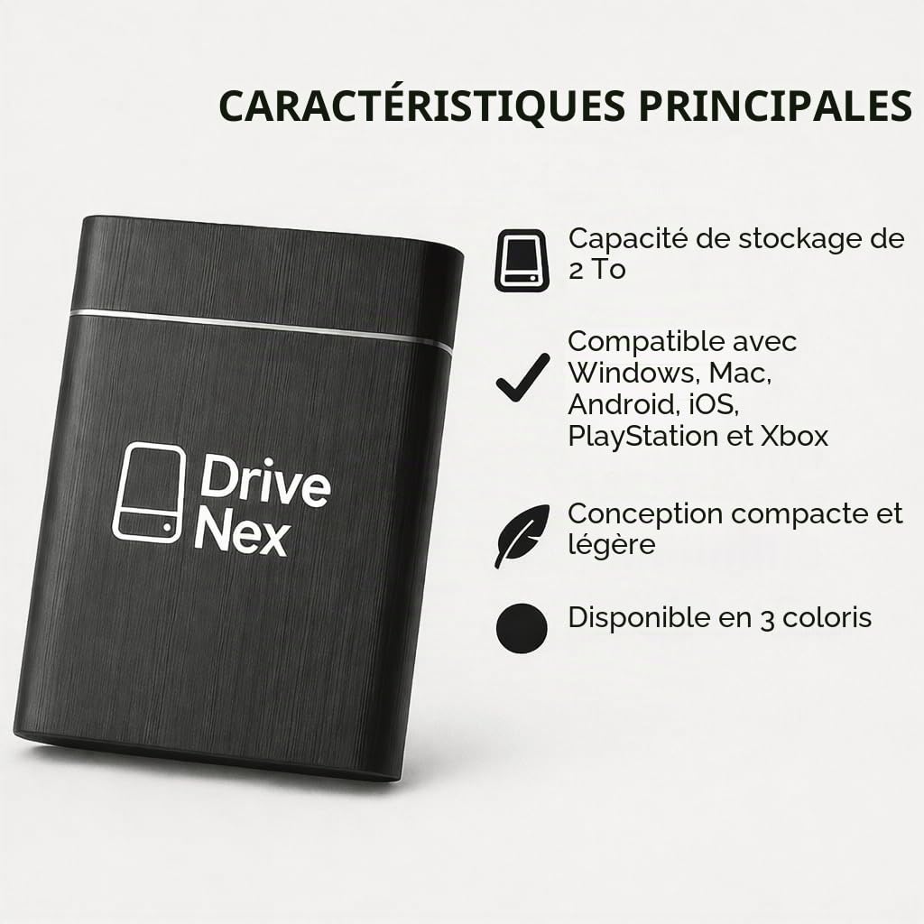 DriveNex SSD 2To | Disque Dur Externe | 2 Teraoctets | Compatible avec Tous Les Systèmes D'exploitation | Stockage de Données | Disque Dur Externe Portable | Plug & Play
