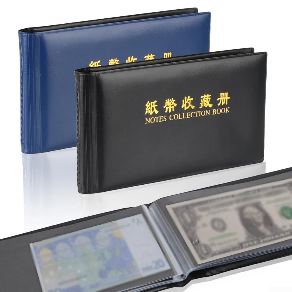 Honseadek Colección de 30 páginas transparente – Carpeta de bolsillo para billetes de banco para álbum de notas Bindi (21 x 12,5 cm) Documentos de plástico resistente con ribete de cuero (Negro)