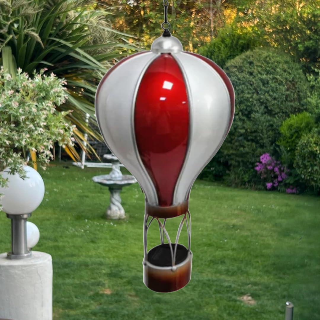 Solar Hot Air Balloon Lighting – Outdoor Hanging LED Light for Garden Patio Porch Décor - Eco Friendly Colourful Yard Decoration Gift 45-55cm (Red & White, Large)
