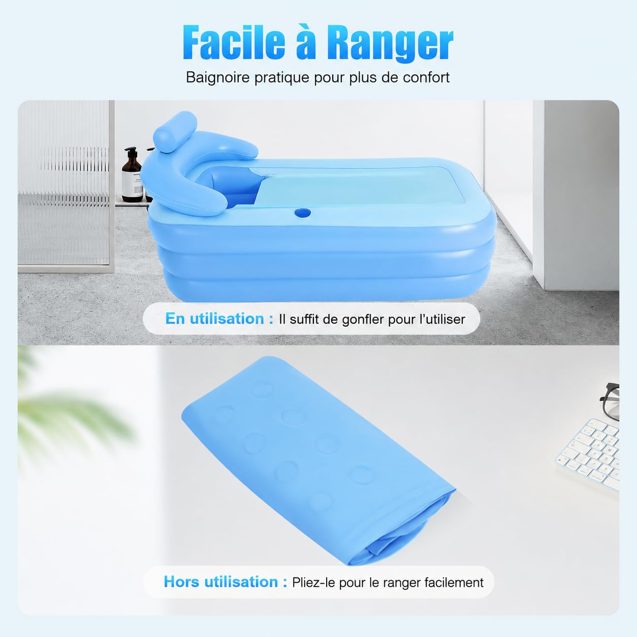 Baignoire gonflable pour adultes, baignoire mobile pliable avec fond confortable, baignoire pliante avec couvercle amovible et plateau, baignoire gonflable pour spa, bain de glace, camping, 160 × 84 ×