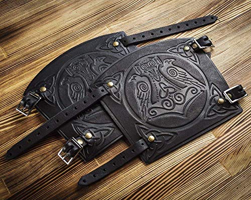 Leather Bracers Cuff - Larp Gauntlet - Leather Wristbands - LARP Accessories Viking Mjolnir bracelet- Thor`s Hammer Ravens - Archery Armguard - Length 6"