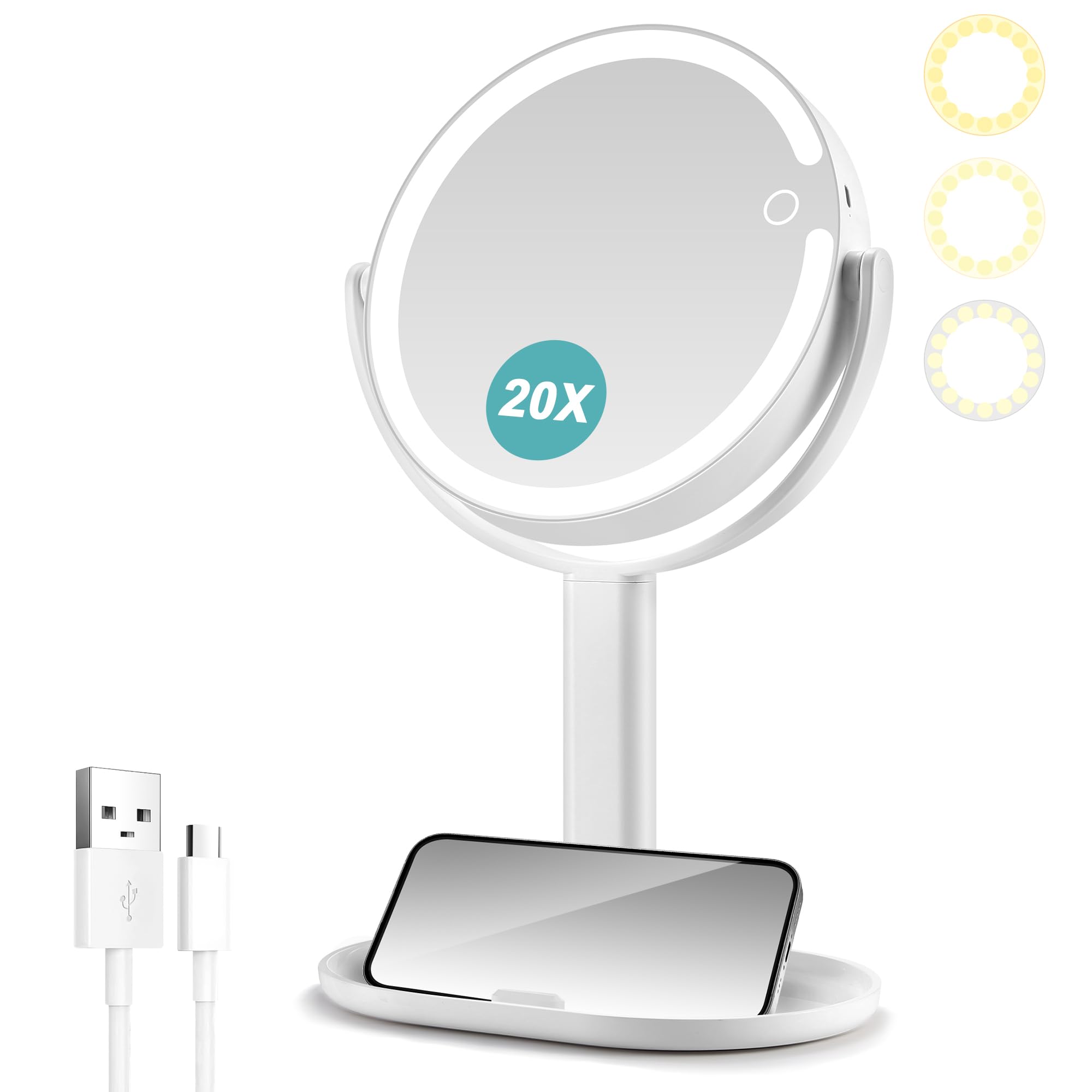 Espejo Maquillaje con Luz,Espejo de tocador con Aumento 1X/20X,con Base para teléfono móvil,3 Colores de iluminación Regulable,Recargable de Doble Cara con rotación de 360°,Blanco