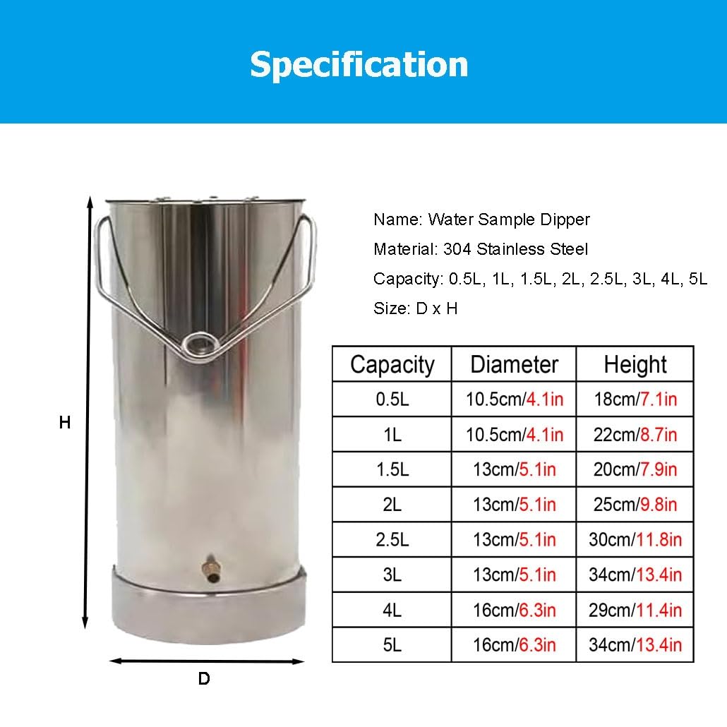Cucharón de muestreo de agua ajustable con base y asa lastradas, sistema de muestreo agua acero inoxidable gran espesor, vaso precipitados for laboratorios(3L-13x34cm)
