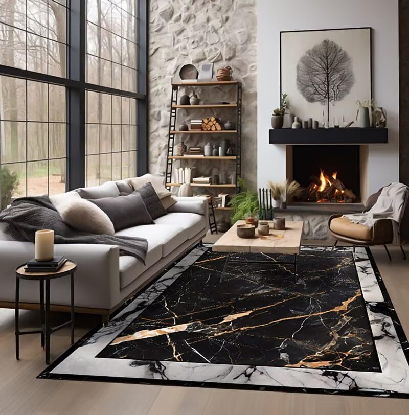 ZSSZO 4'×5' Black Marble Area Rug for Living Room Bedroom Marble Texture Throw Rugs Machine Washable Modern Floor Mats Home Decor Carpet