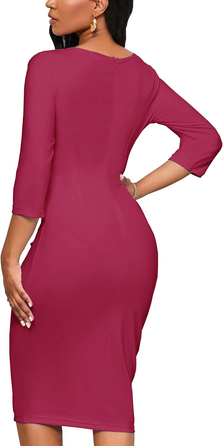 Yajedo Church Dresses for Women 3/4 Sleeve Bodycon Ruffle Vintage Wear to Work Pencil Midi Dress - Image 5