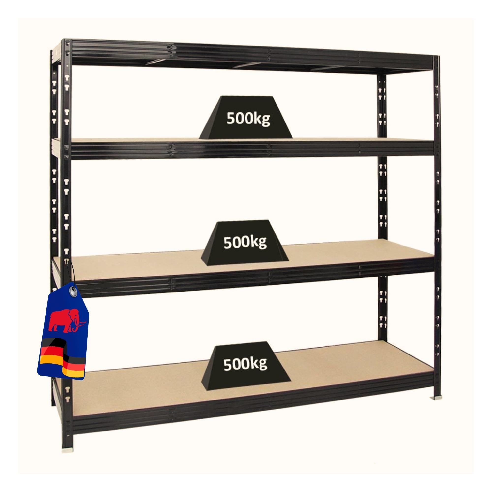 PROREGAL Scaffale professionale per carichi pesanti RHINO | AxLxP 180x200x60cm | 4 Ripiani in truciolato 8mm | Portata per ripiano 500kg | Nero