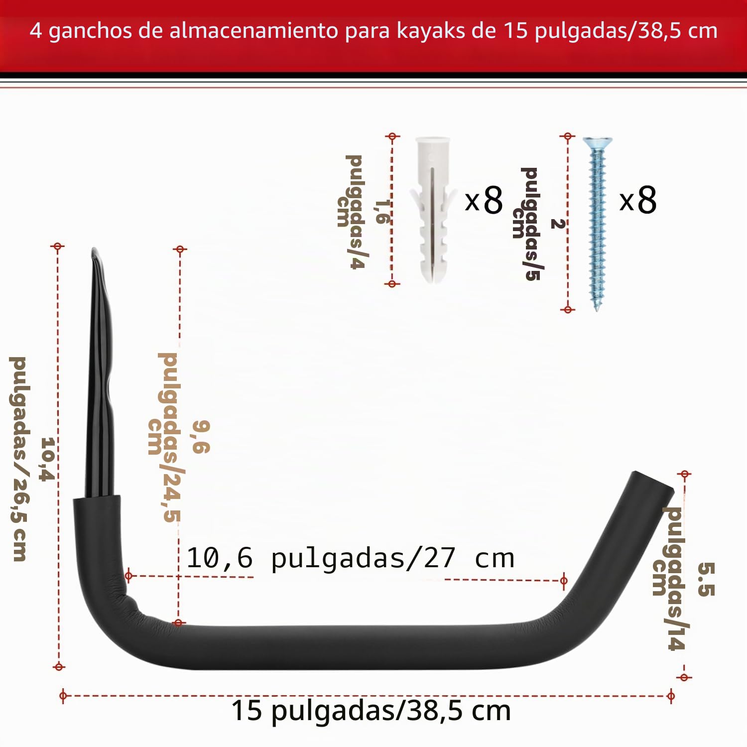 Ganchos de almacenamiento para kayak, 38,5 cm, resistente, para montar en la pared, para canoa, tabla de surf, tabla de esquí, escalera, sillas plegables, bicicletas y herramientas de jardín