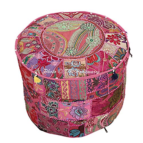 DK Homewares Indian Vintage Patchwork Pouf Ottoman Cover Pink Round Foot Rest Pouffe Living Room Cotton Embroidered Pouffe Footstool Floral Traditional 16x16x13 - COVER ONLY