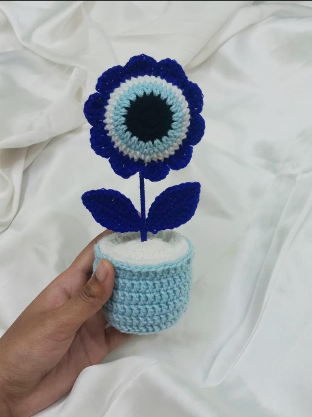 Calibre Handmade Crochet Evil Eye, 20 cm Height, Premium Cotton Yarn, Decorative Table PieceHandmade Crochet Flower Pot | Blue & White Knitted Artificial Flower | Home & Office Decoration-image-29