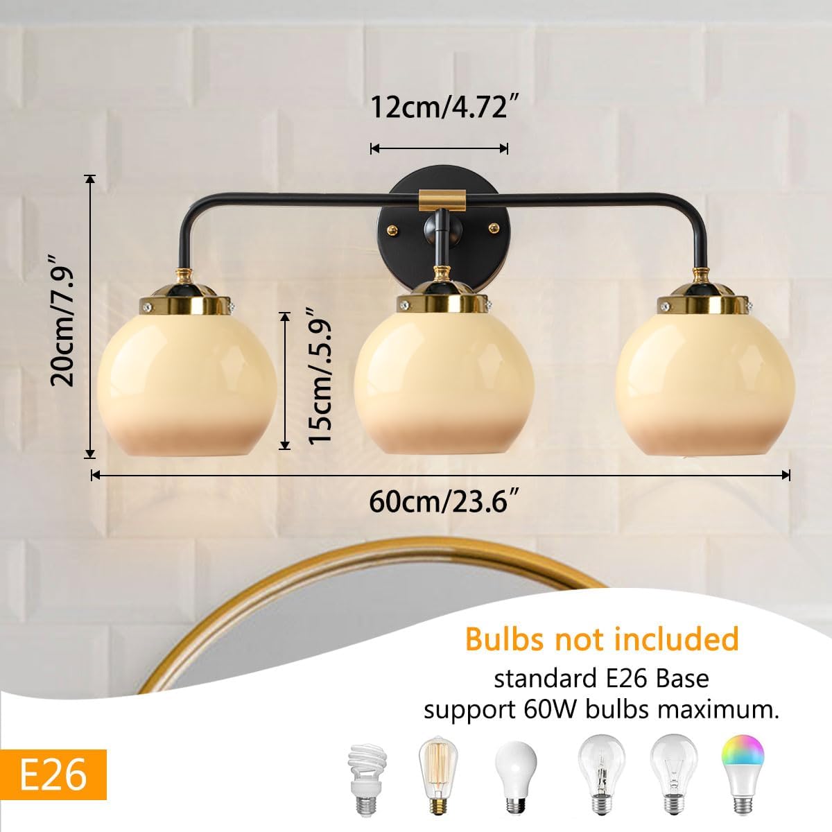 mid Century Vanity Light 3 Light Bathroom Wall Light Fixture Glass wall Sconce lamp Globe Glass Shade Vintage Black Gold wall Lights for Over Mirror Living Room Bedroom Hallway