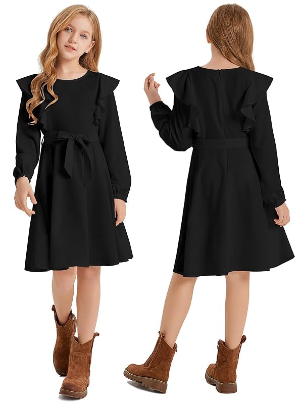 Quedoris Girls Ruffle Trim Long Sleeve Belted Dress with Zipper Black Fall 160Y by Quedoris - Used condition - Image 4