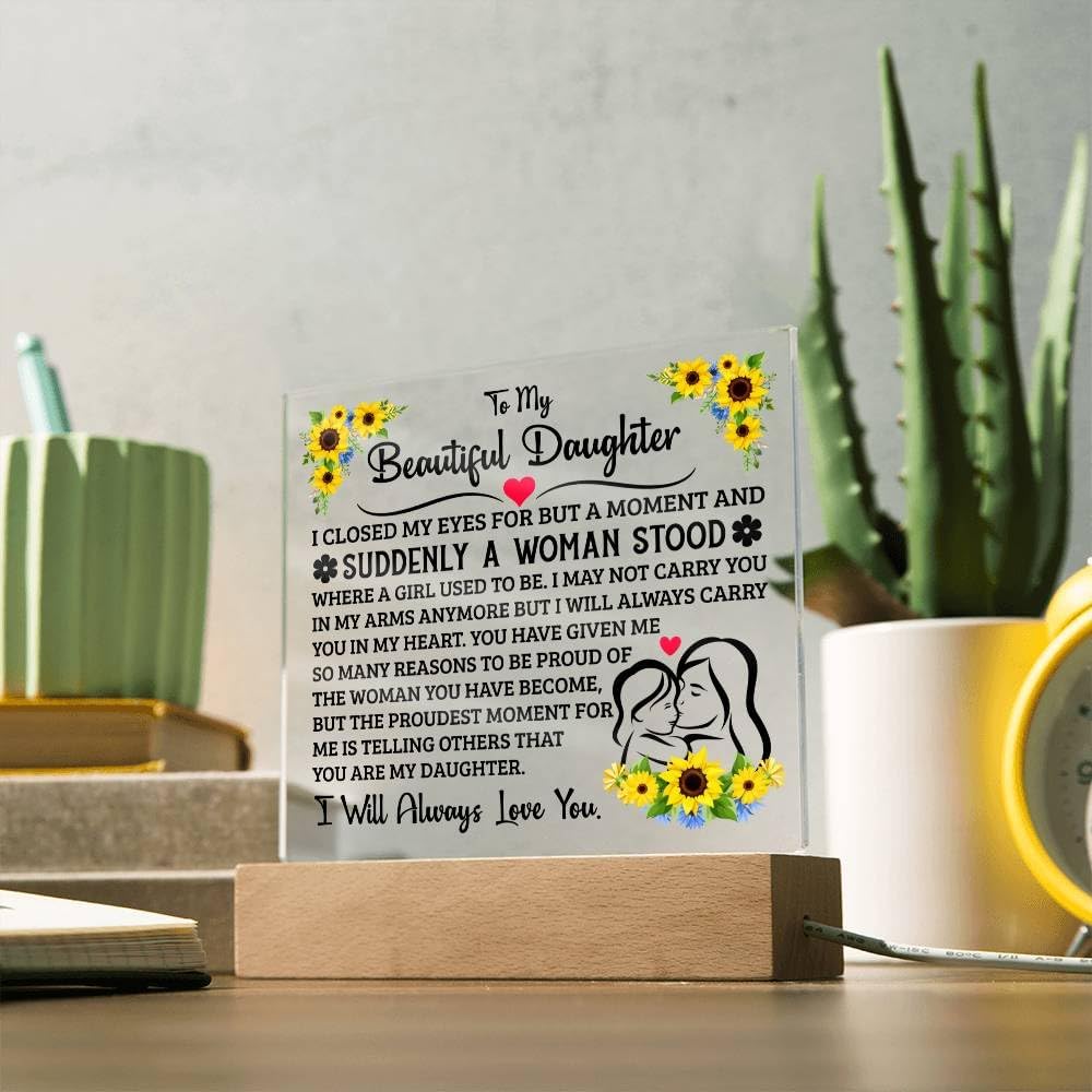 To My Beautiful Daughter Birthday Gifts From Mom | Mother Daughter Gifts with Heartfelt Message Card & Gift Box | Daughter's Birthday, Graduation, Christmas Acrylic Plaque Gift From Parents (LED Acrylic Square, Proud)