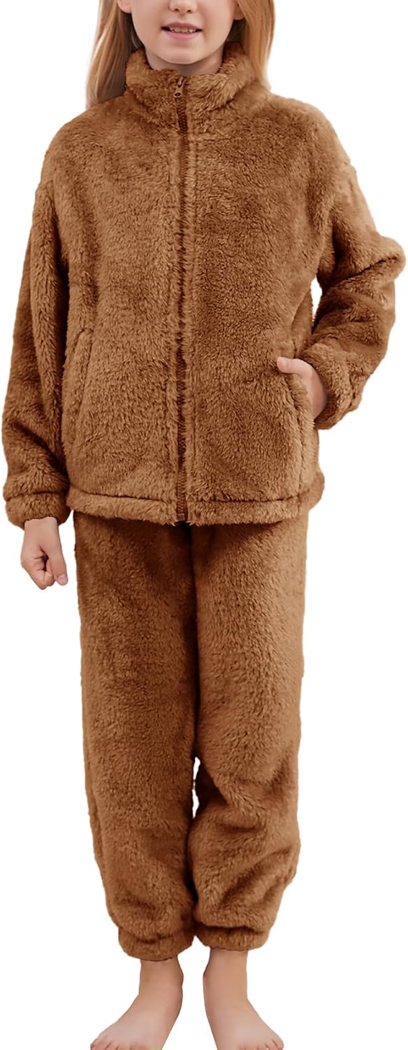 Flygo Girls Fuzzy Pants Sets Kid 2 Piece Winter Fleece Outfits Stand Collar Zip Up Sweatshirts Fluffy Sweatpants with Pockets