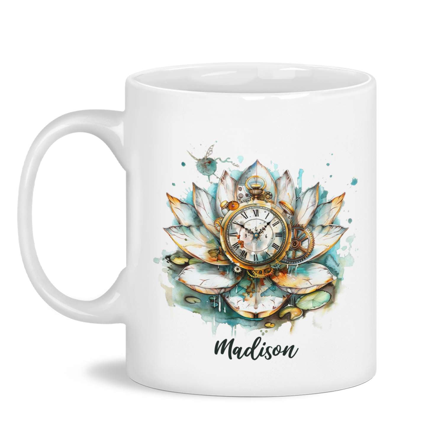 Custom Name Coffee Mug - Steampunk Floral Design, Personalized 11oz Ceramic Cup Gift