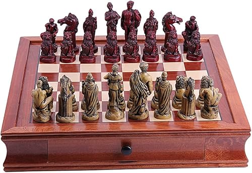 NIVOK Juego de mesa de ajedrez de madera maciza, hecho a mano, juego de tablero de ajedrez de palisandro con 2 cajones y escultura de resina para