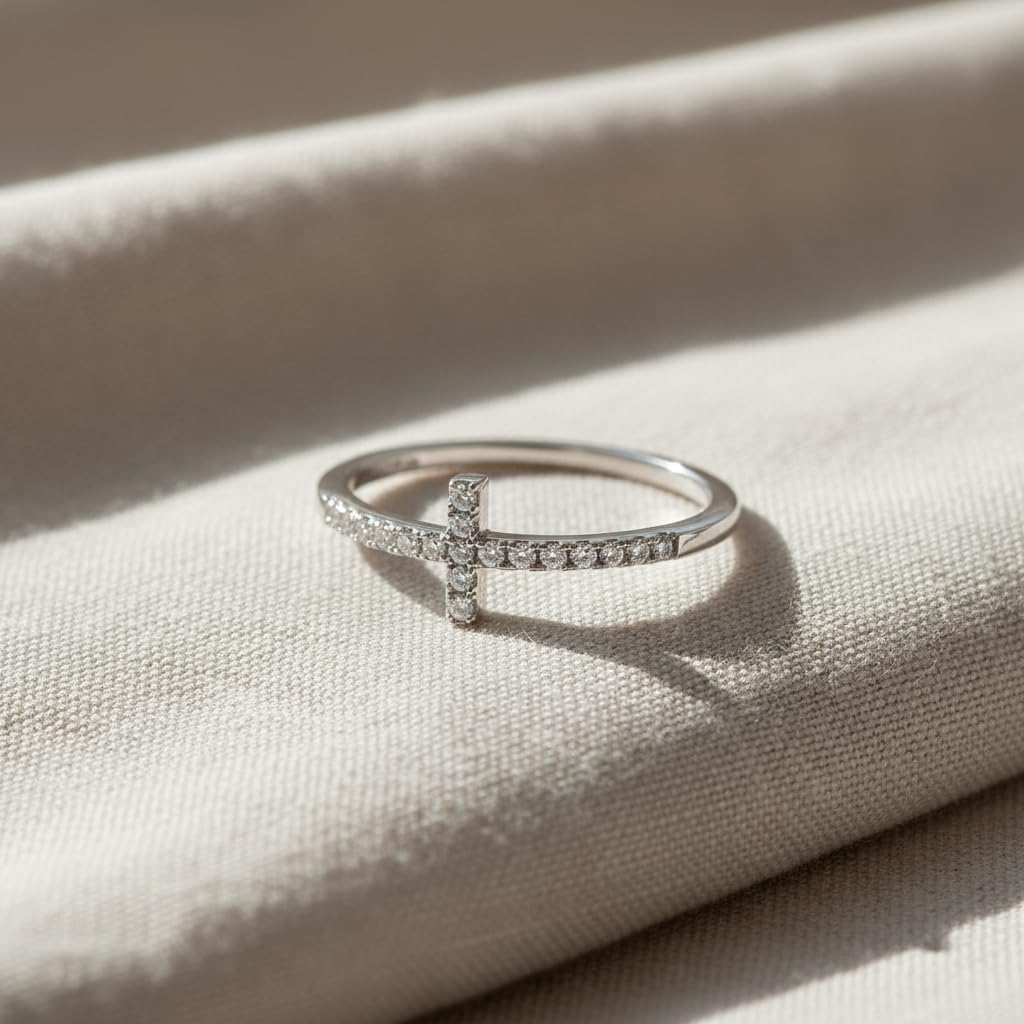 SILVERCLOSEOUT Rhodium Plated Sterling Silver Thin Womens Cz Cubic Zirconia Stackable Sideways Cross Ring Size 4-12