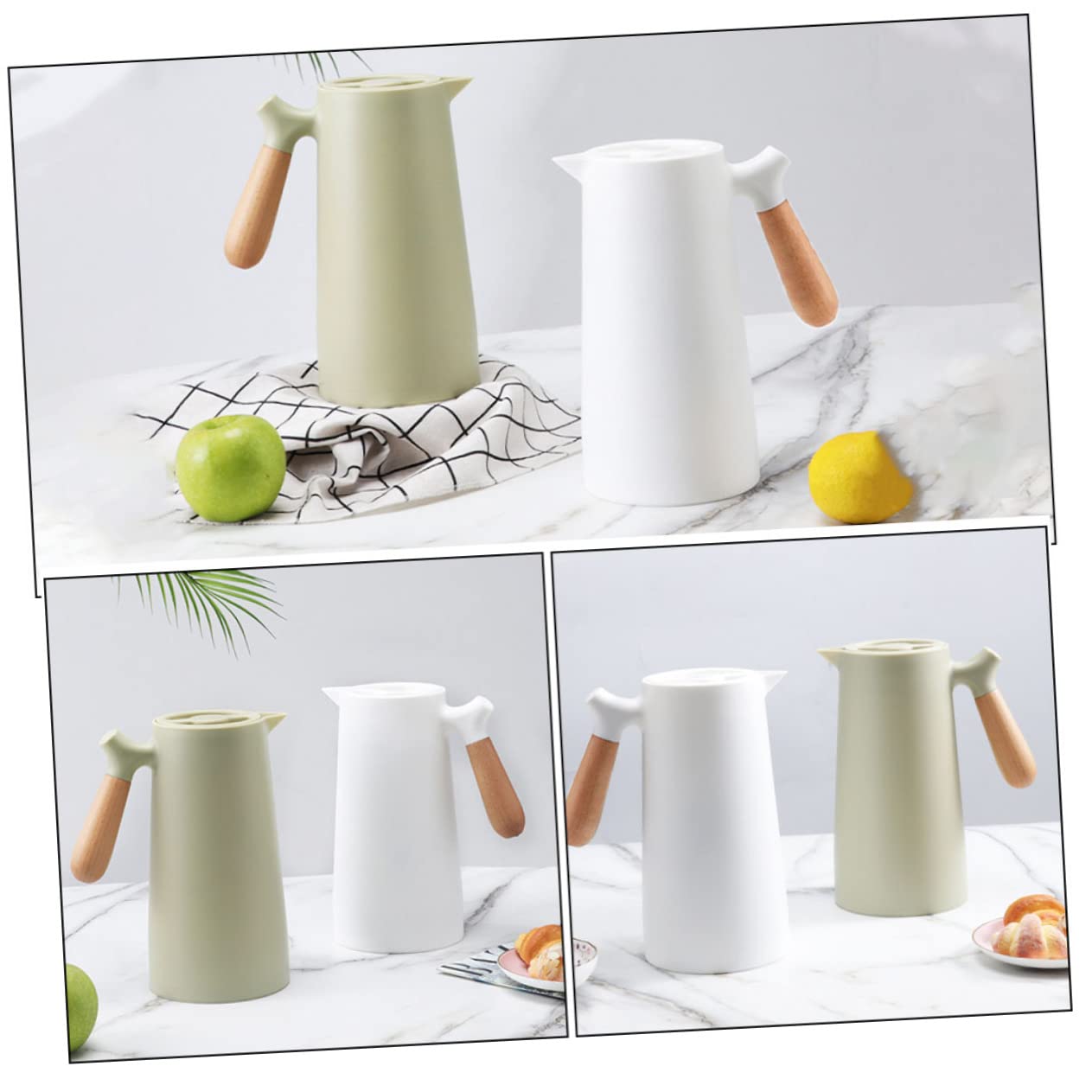 Mikinona 1l Isolierflasche mit Holzgriff im Nordischen Stil Thermoskanne für Kaffee und Wasser Doppelwandig Gesund und Sicher für Zuhause und Unterwegs