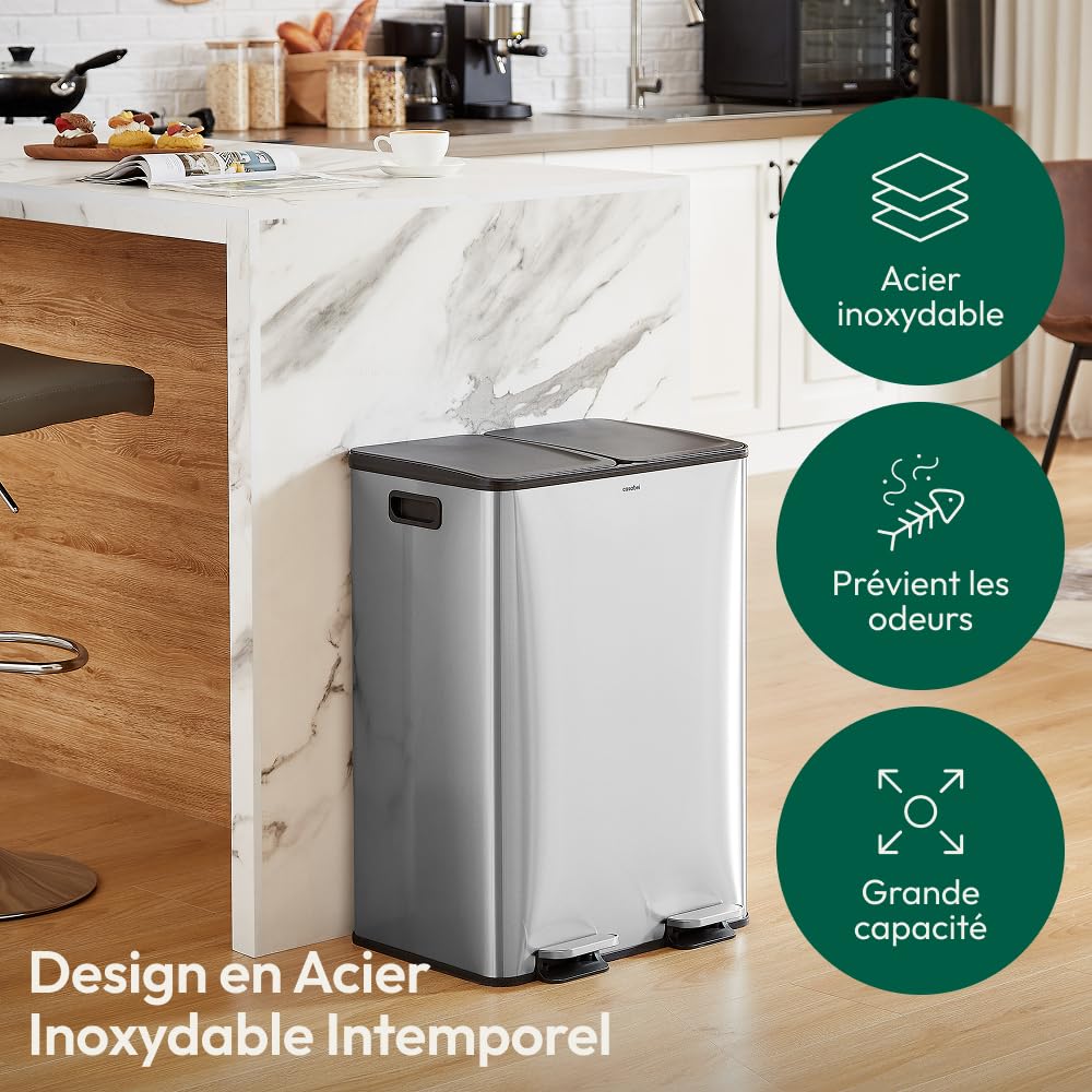 CASABEL Poubelle Cuisine Tri Sélectif 60L Acier INOX Brossé Double Compartiments