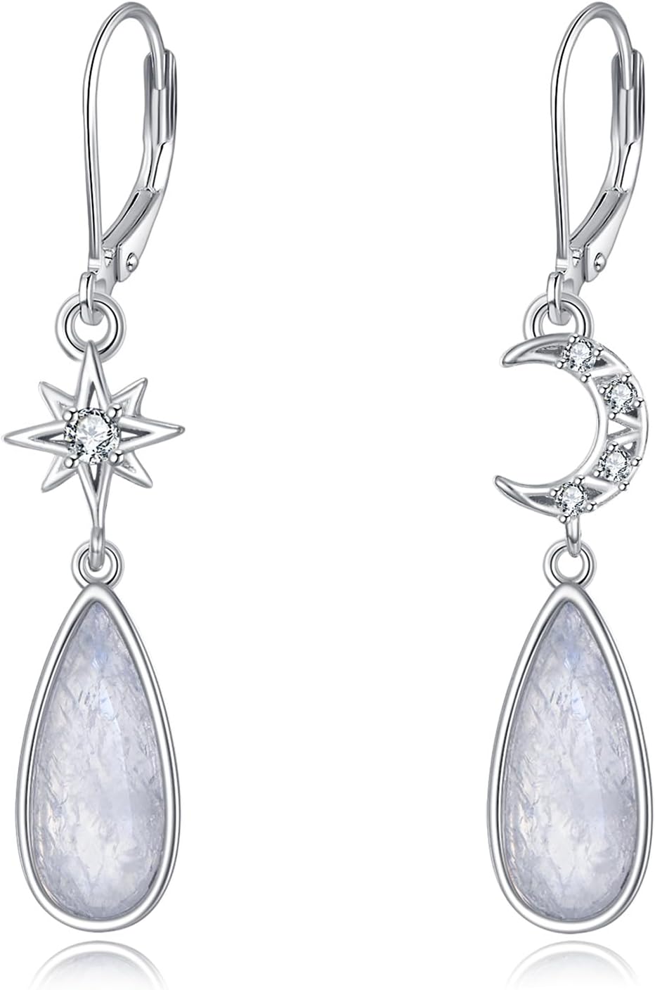 Genuine Moonstone Moon Star Dangle Earrings 925 Sterling Silver Teardrop Moonstone Mystical Boho Jewelry Healing Gemstone Gift for Women