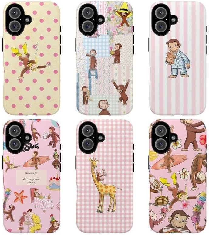 Cute Cartoon Monkey Tough Phone Case – Curious Monke George Fun Pink Animal Design, Shockproof Protective Cover for Girls & Kids, Pink Tone Phone Case
