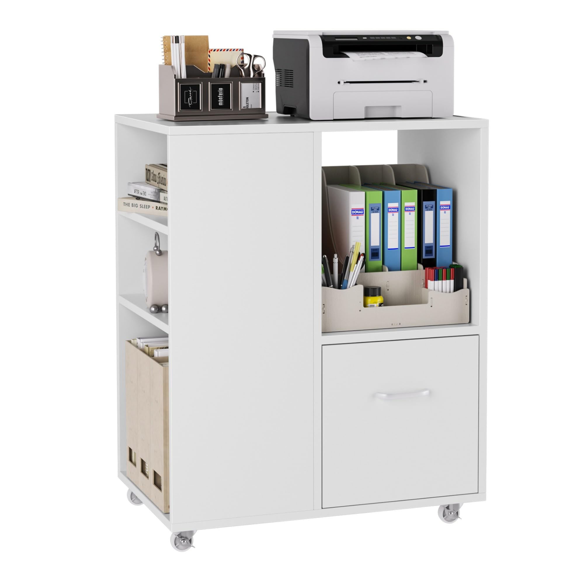 Mobile Archivio Mobile Porta Stampante KOMFOTTEU Con Ruote | Cassetto E Ripiani Regolabili | Legno Bianco 63,5x30x84,5 Cm Mobile Bagno Salvaspazio - 6