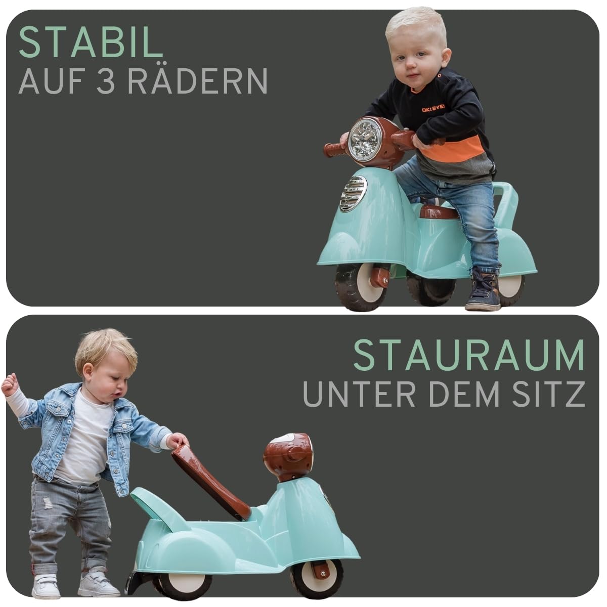 Bandits & Angels Riding Car Scooter Retro ab 1 Jahr für Jungen und Mädchen Mintgrün – grüner Laufroller mit Hupe – für drinnen und draußen – mit Stauraum