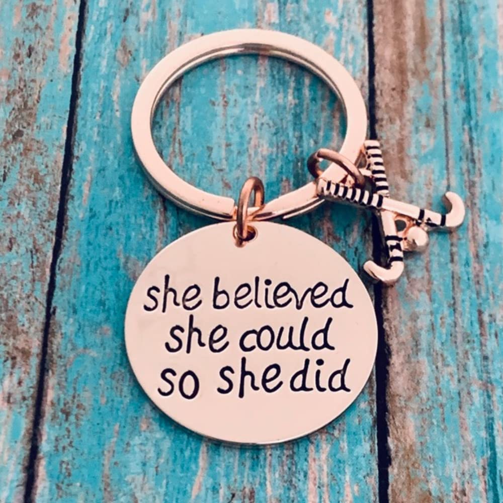 Sportybella Field Hockey Keychain, Inspirational Rose Gold She Believed She Could So She Did Keychain, Girls Field Hockey Jewelry, Field Hockey Gifts for Field Hockey Players