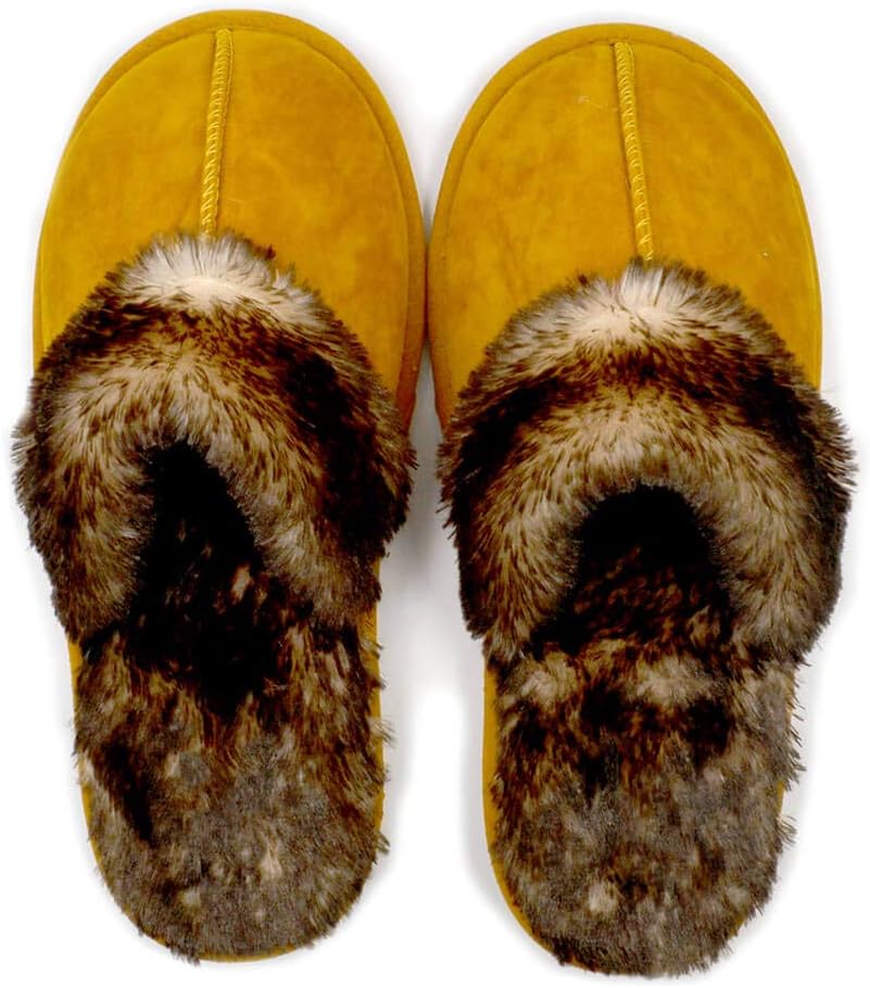 Millffy Faux Fur Slip On Unisex Mans Womens House Slipper with Memory Foam Slippers Shoes (9-10 Women/7-8 Man, Chestnut)