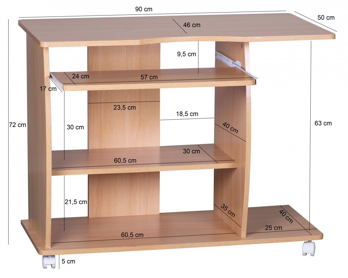 WOHNLING mesa de ordenador DIANA enrollable de haya de 90 x 71 x 50 cm con bandeja para teclado | mesa de ordenador portátil con ruedas | mesa de PC con bandeja de la impresora para ahorrar espacio | Escritorio para espacios pequeños