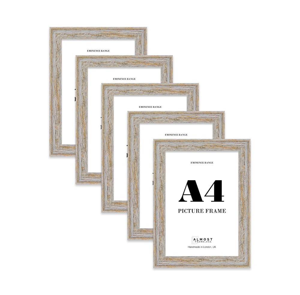 A4 Walnut Woodgrain Picture Frame - Rustic Wood Industrial Effect Photo Frame for Wall Display, Ideal for Posters, Prints & Home Décor, Wall Hooks and Kickstand, 32mm Edge - 5 Pack