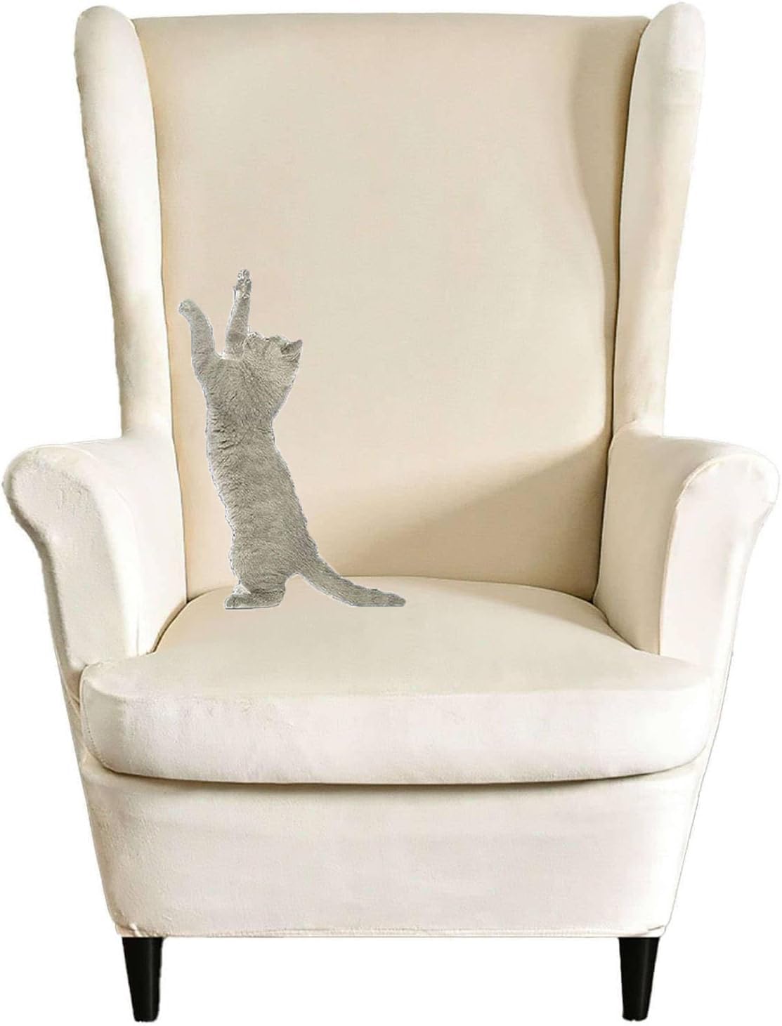 HACLEN Velvet Wingback Chair Cover 2 Pieces, Wingback Armchair Slipcover Stretch Wing Chair Cover Removable for Living Room (Beige,one size)