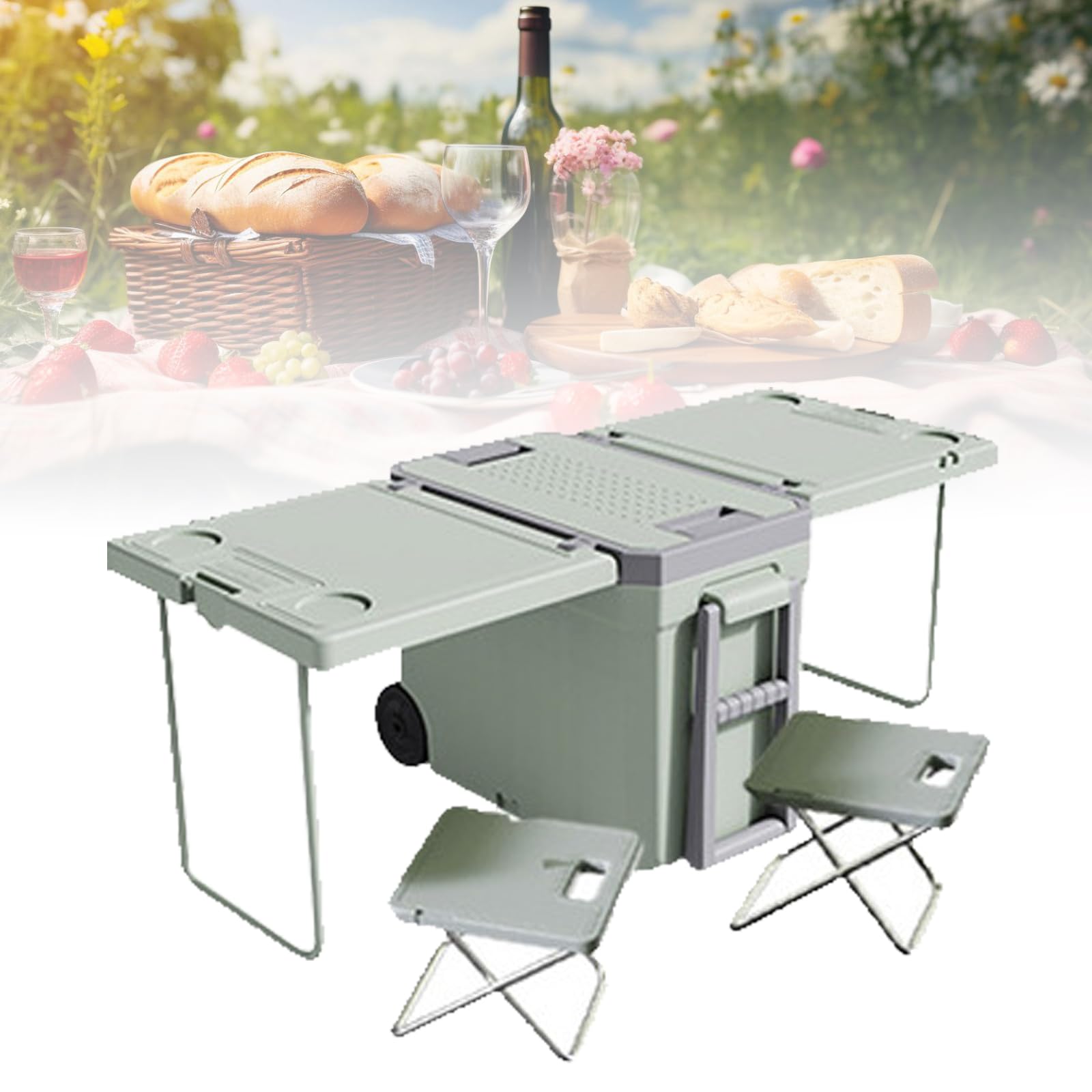 Frigorifero multifunzione a rullo, conservazione e refrigerazione della scatola isolante, tavolo pieghevole aggiornato e 2 sedie per picnic campeggio all'aperto, senza elettricità o compressore, per