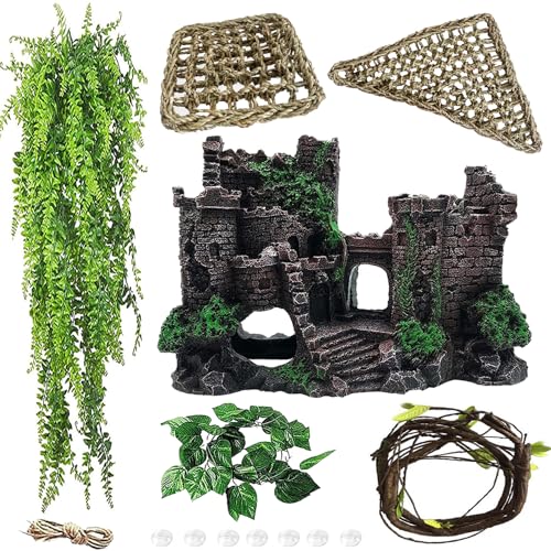 Image of Tank Accessories for Bearded Dragon Include Resin Classical Castle Reptile Hammocks Climb Habitat Hanging Jungle Vines Flexible Leaves Climbing Decor for Chameleon Lizard Gecko Spider(6 PCS)