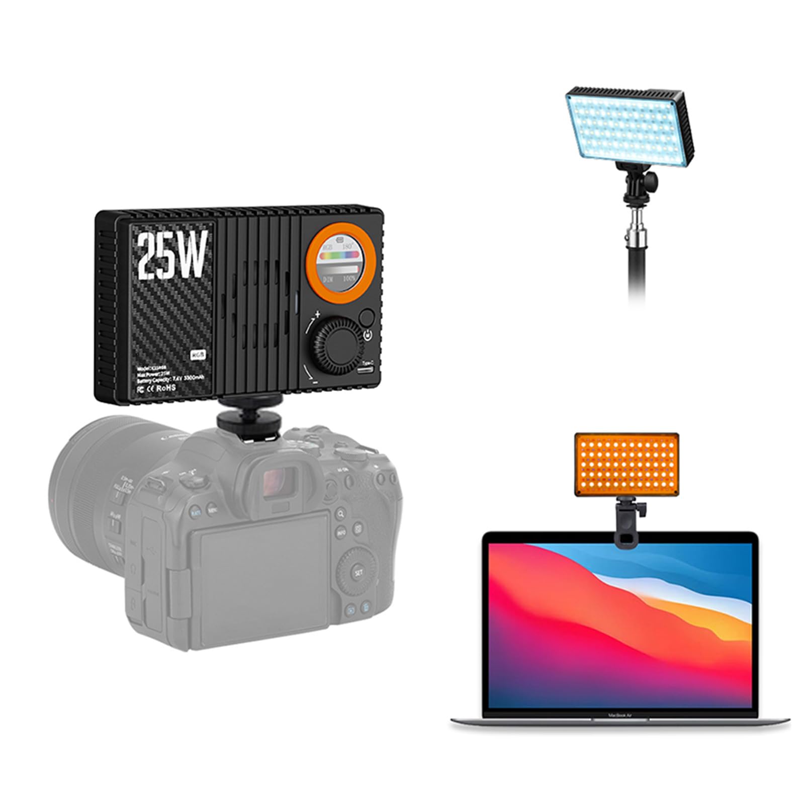 Luz de Relleno RGB, 25W 168 LED 1800K 9000K Luz de Video Regulable, Vlog con Pantalla LCD 20 Efectos de Escena y Adaptador de Zapata Fría para Cámaras Fotografía DSLR Selfies Vlogs