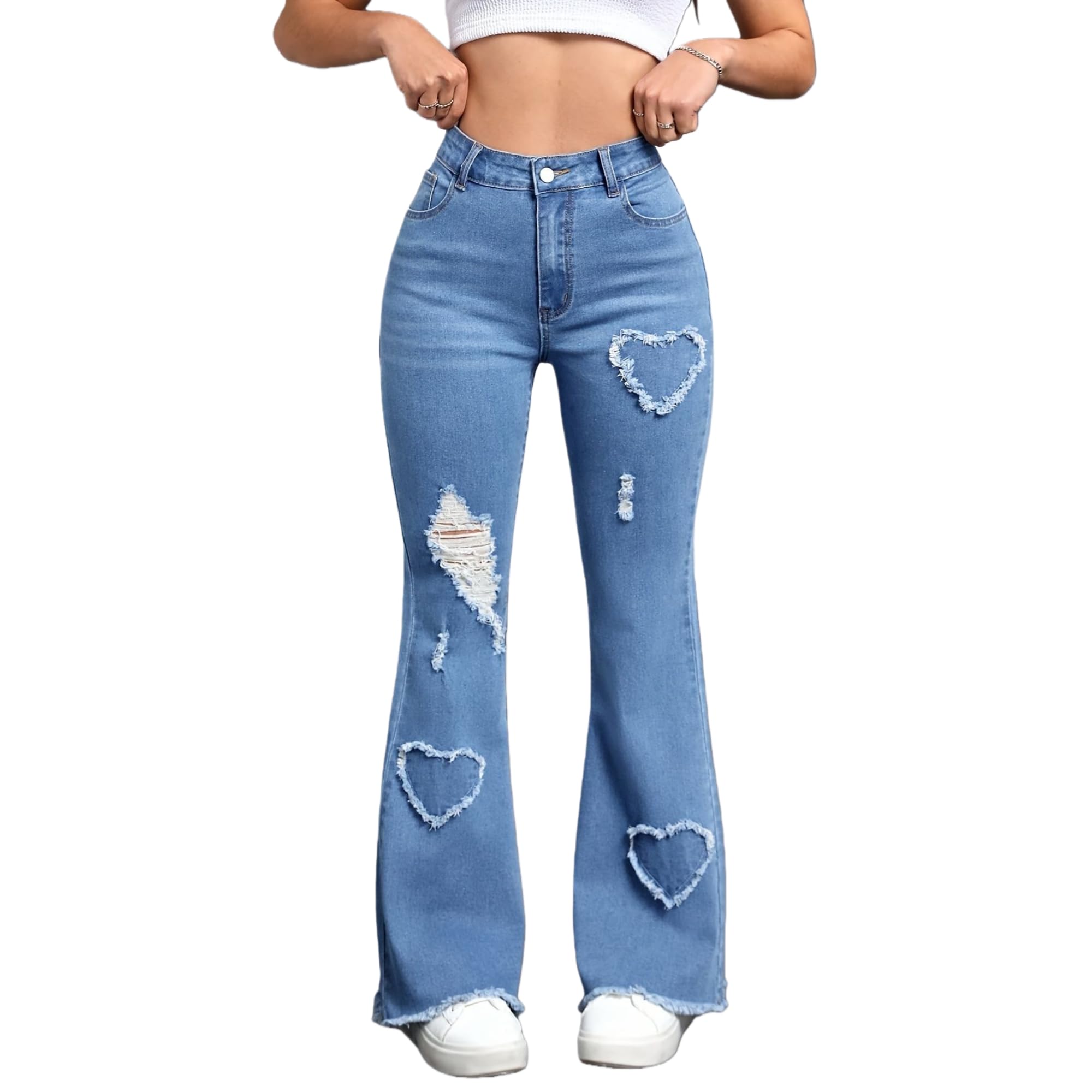 Women's High-Waist Stretch Flare Jeans with Heart-Shaped Distressed Details, Frayed Hem, Y2k Casual Style