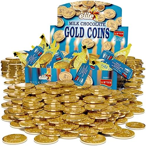 Elite Milk Chocolate Gold Coins, Individually Wrapped, Mesh Bags Filled with Menora Embossed Hanukkah Gelt Coins, Gluten Free, 0.53 Ounce (Pack of 24)