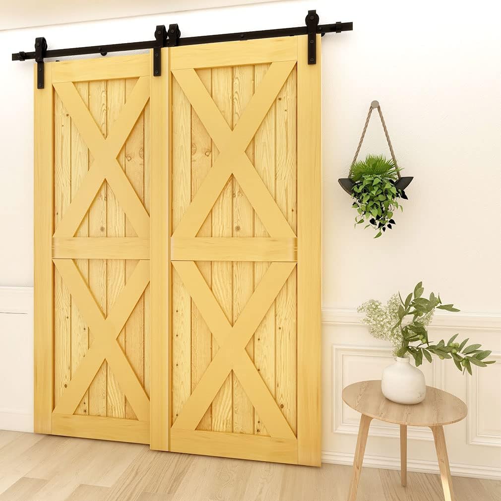20FT Bypass Sliding Barn Double Wooden Door Hardware Kit, Single Track, Flat J Shape Hanger (Smoothly, Quietly, Easy Install)