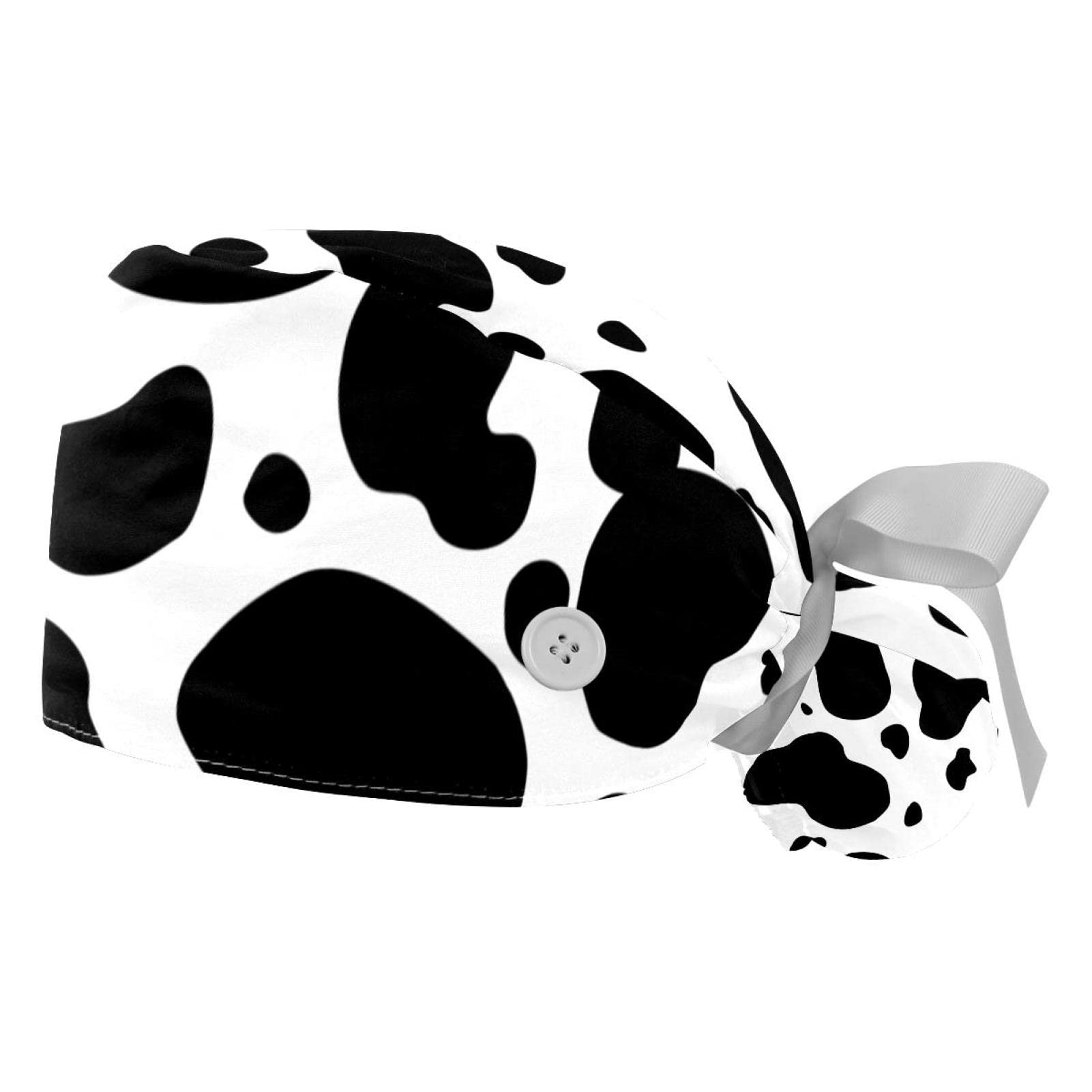 2 PCS Bouffant Cap with Button Ponytail Pouch Working Cap Sweatband Adjustable Surgical Cap Black and White Cow