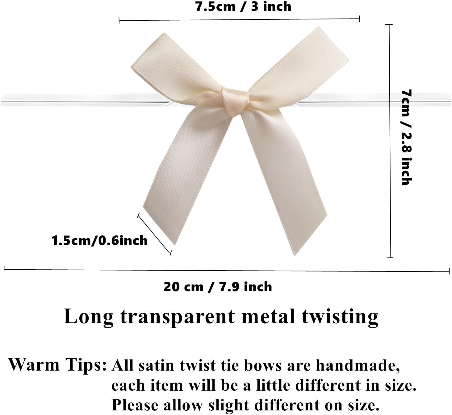 50 PCS 3 Inches Ribbon Twist Tie Bows for Treat Bags, Satin Bow Twist Ties, Pretied Bows, Twist Bows, Tied Bows with Wire, Pre Tied Ribbon Bows for Baby Shower, Favors, Popcorn(Ivory White) - Image 2