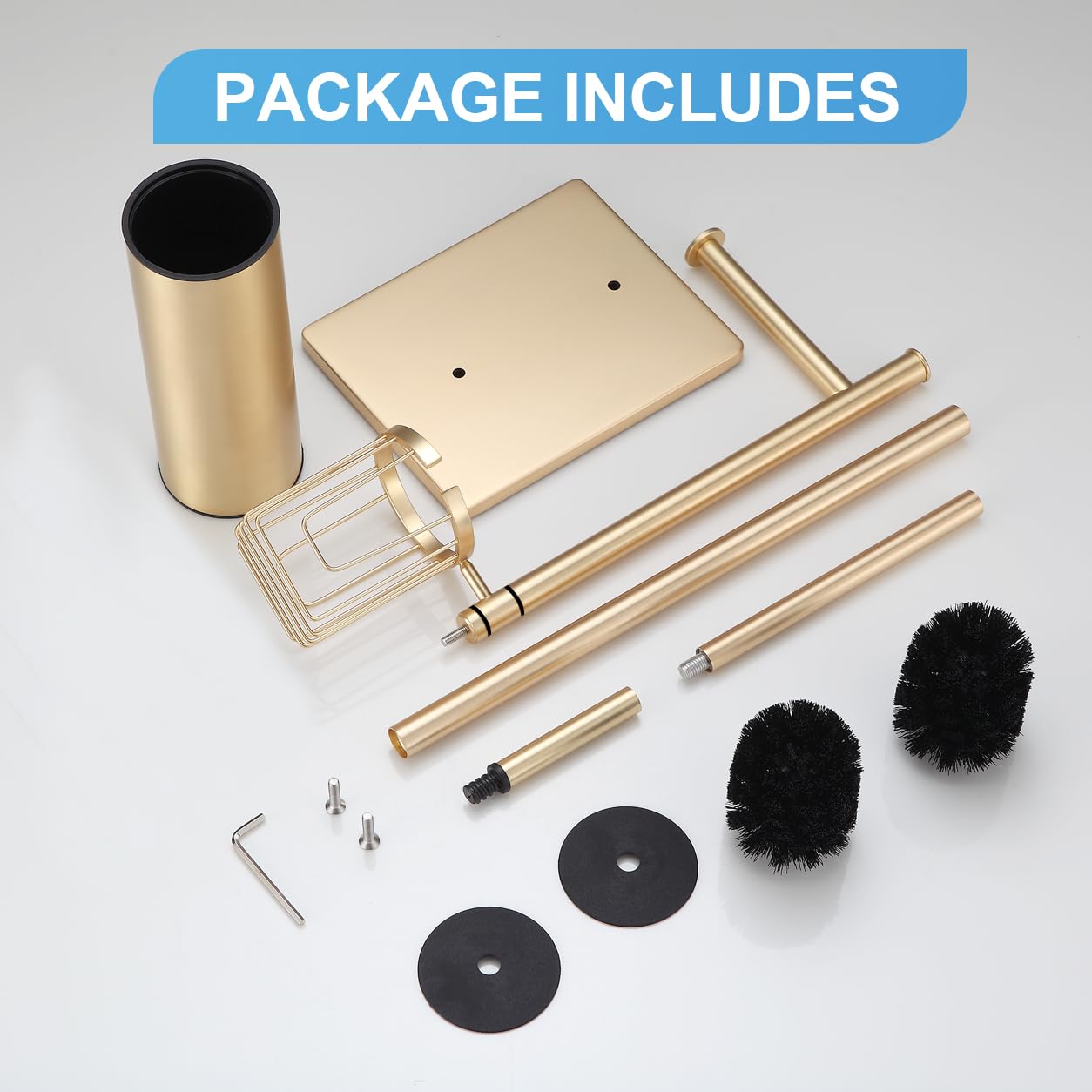 DAZI Klobürste mit Toilettenpapierhalter Set und praktischem Aufbewahrungskorb,WC-Bürste freistehend Edelstahl,3-in-1 Wc-Garnitur im minimalistischen und platzsparenden Design (Gebürstetes Hellgold)