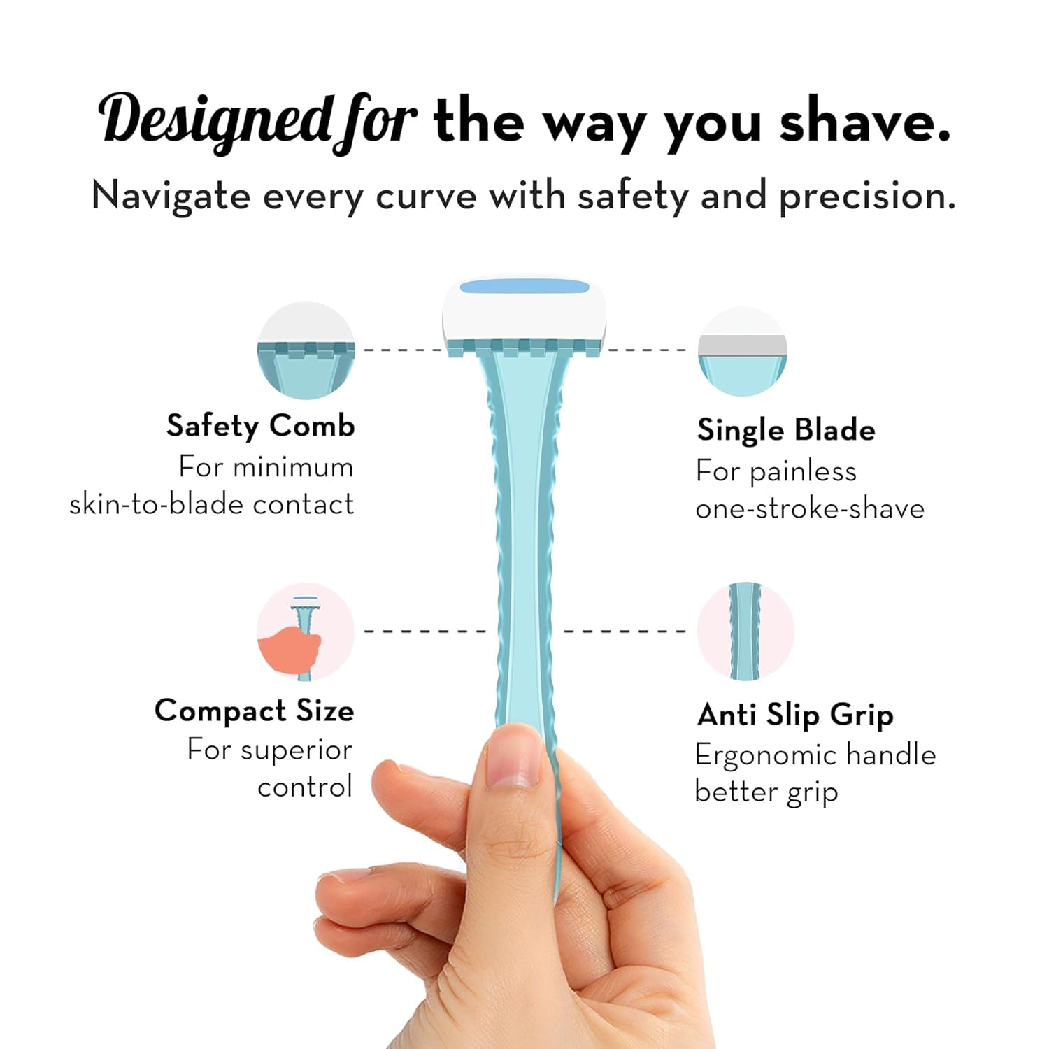 Plush Reusable Bikini Razor (2 Pcs) for All Skin Types with German Precision Blades and Lubricating Strips | Hair Removal Razors with Safety Comb For Smooth 1 Stroke Shave | No irritation, Bump Cuts