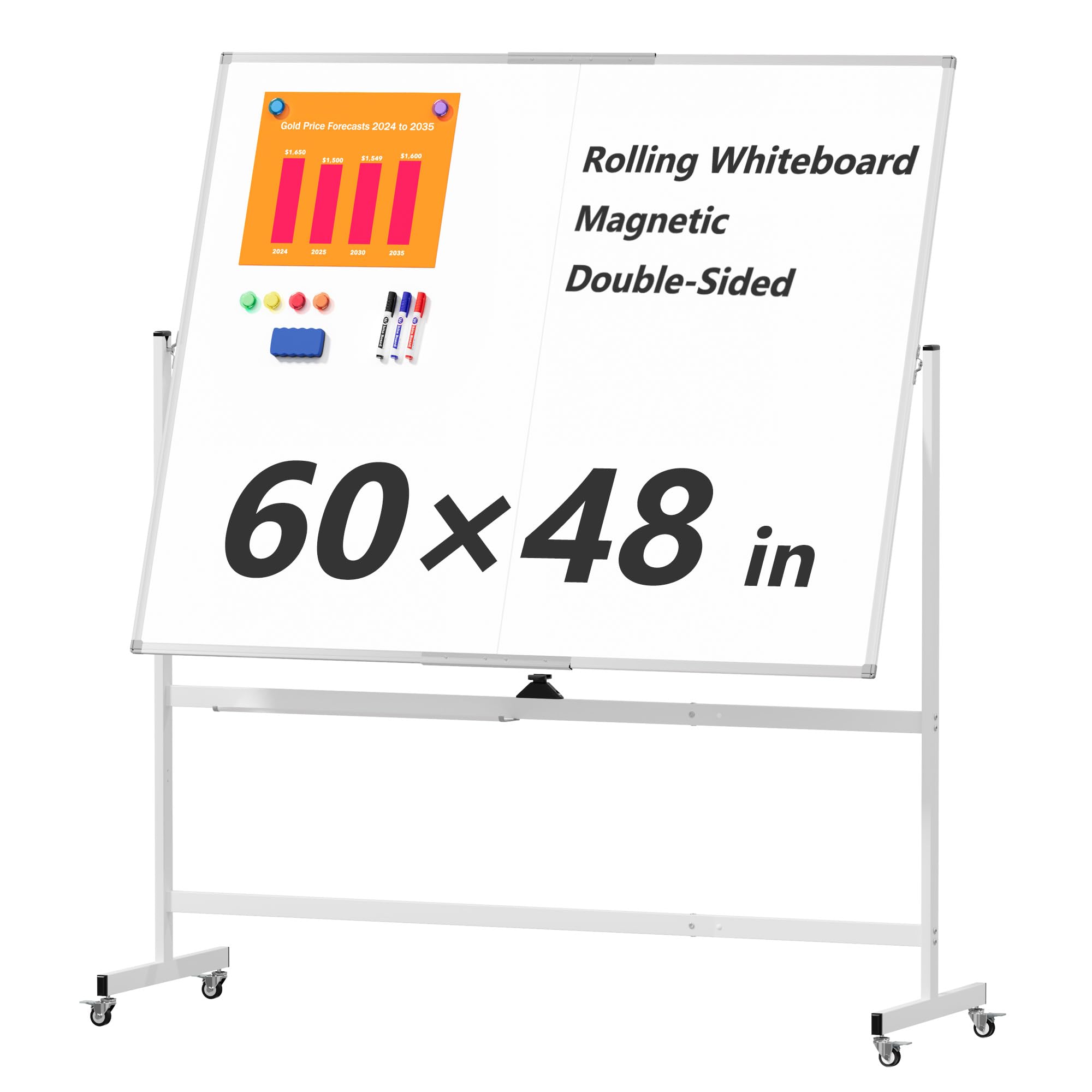 Large Rolling Whiteboard on Wheels, 60" x 48" Double-Sided Mobile White Board with Stand, 5' x 4' Portable Standing Magnetic Dry Erase Board Easel for Home Office Classroom School, Silver 60"W x 48"H Silver
