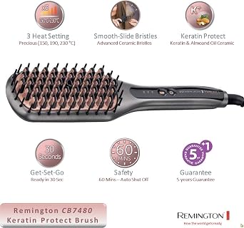 Remington Saç Düzleştirici Keratin Protect 2'si 1 Arada Düzleştirici ve Saç Fırçası, Badem Yağı ile Zenginleştirilmiş Keratin Seramik Kaplama, Dijital Ekran, 150-230°C CB7480