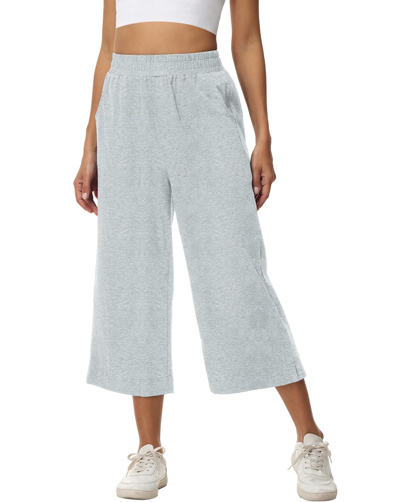 HMIYA Damen 3/4 Baumwolle Culotte Hose Leicht Sommerhose Mit Taschen Luftig | Weites Bein Freizeit Jogginghose, Elastisch Yoga Caprihose,Bequem Wohlfühlhose Hausmode